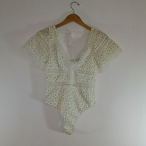 Blue Blush Floral Lace Bodysuit Small White Yellow Tie Back Cottagecore Coquette